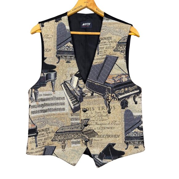 Vintage 90s Piano Print Tapestry Vest, Waistcoat, Music Theme, Musician Gift - Picture 1 of 11